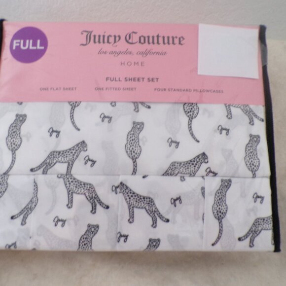 JUICY COUTURE HOME Bedding Sheet Set Full White Leopards Logo 6-Piece NEW - Picture 1 of 4